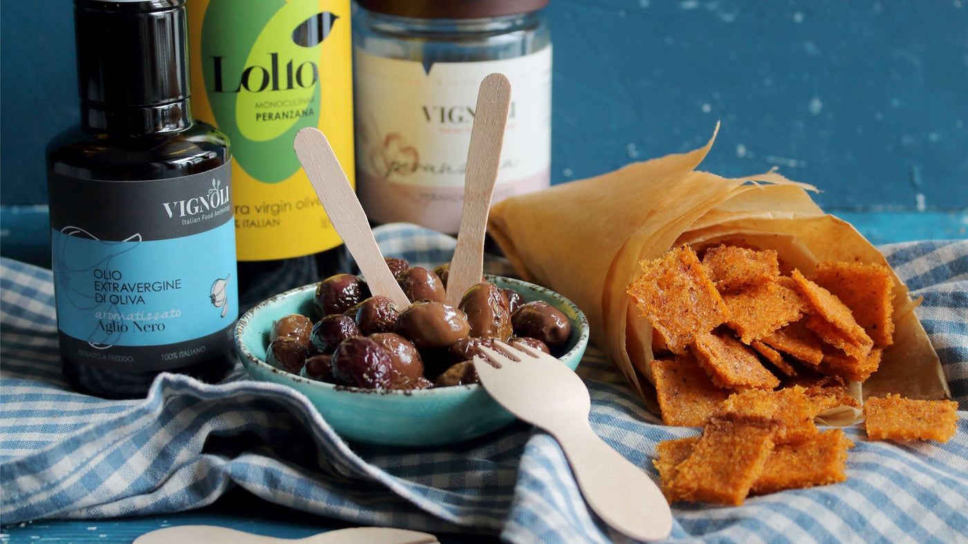 Paprika polenta chips and mediterranean olives