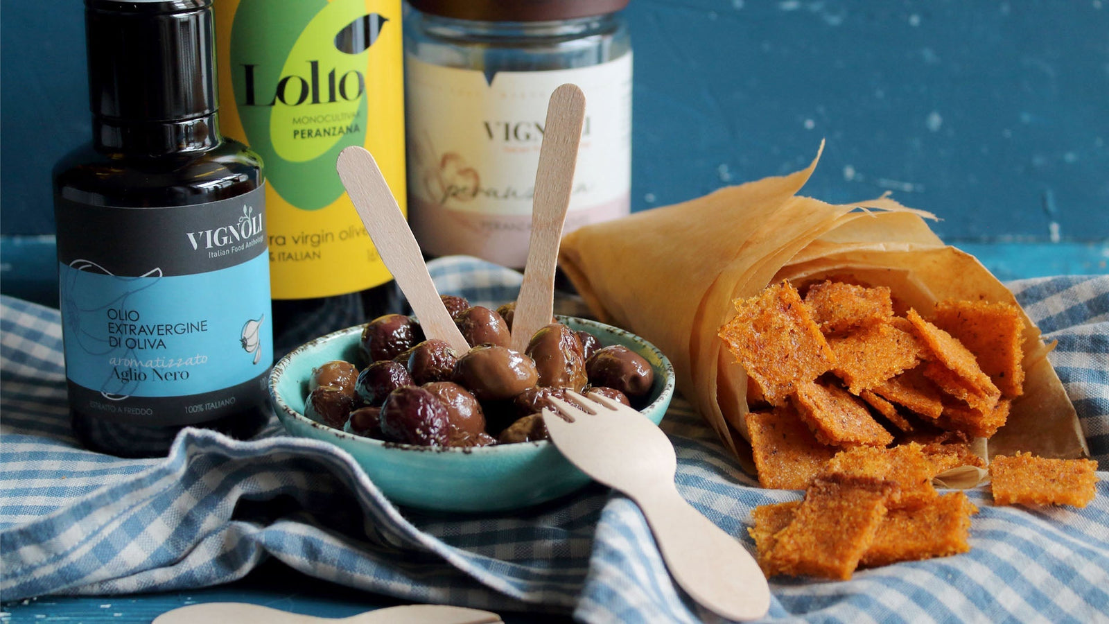 Paprika polenta chips and mediterranean olives