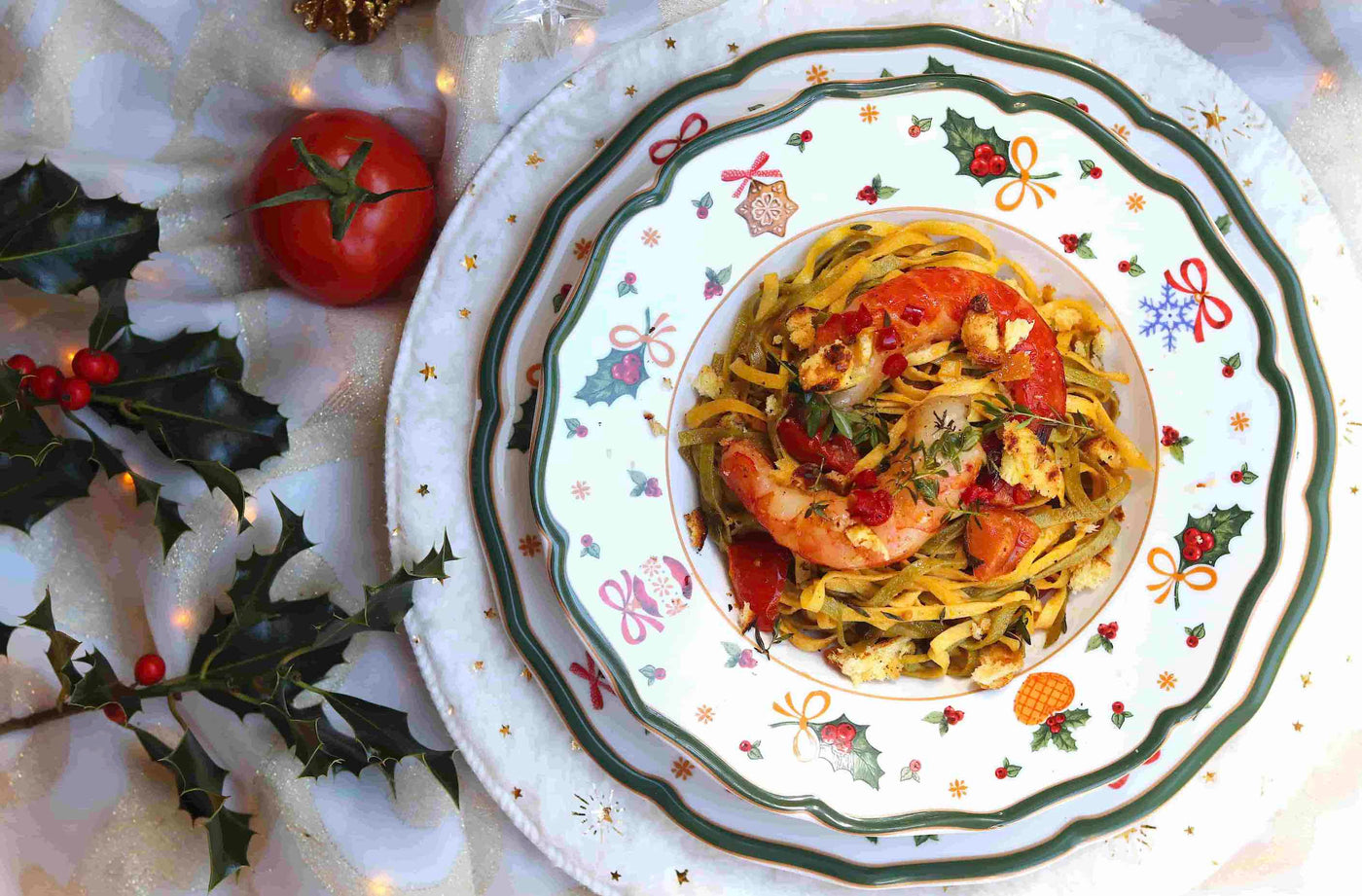 Lemon-Infused EVOO Prawn Spinach Tagliatelle Topped with Crunchy Panettone Crumbs