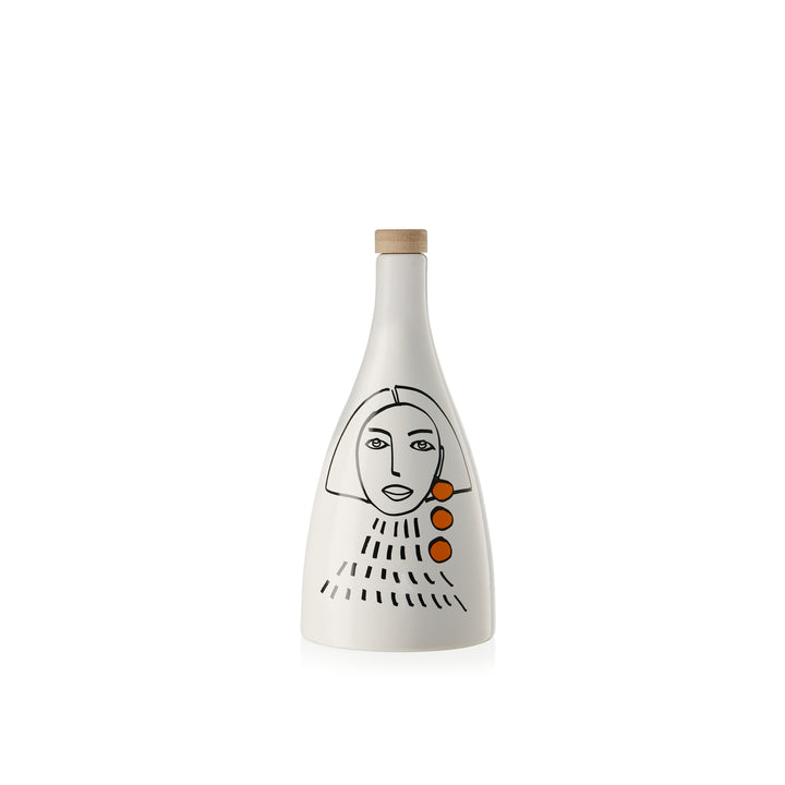 Ceramic olive oil bottles in white with hand painted design