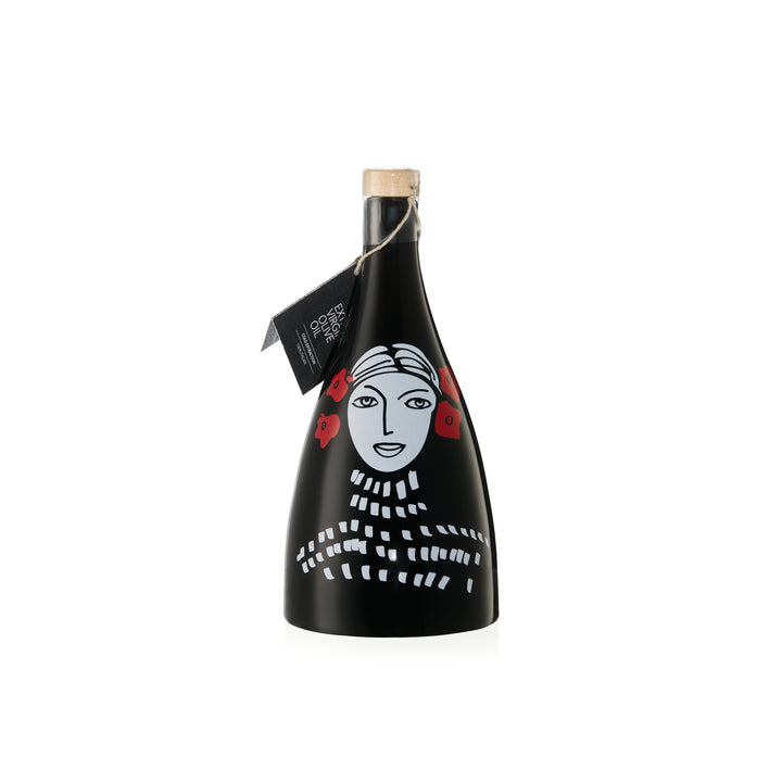 Ceramic olive oil bottles in black  with hand painted design