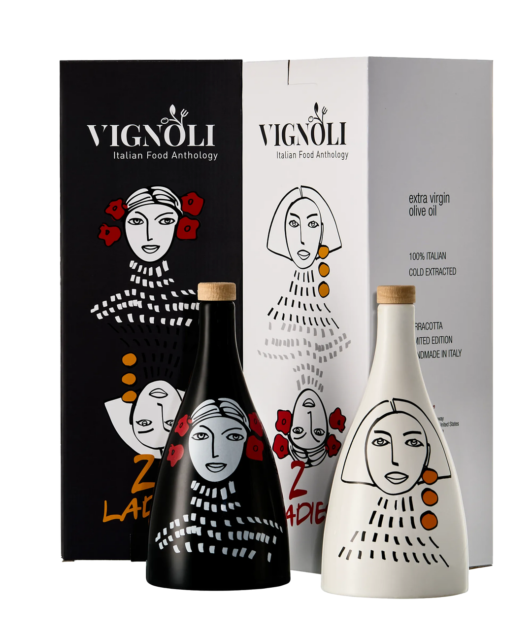 Ceramic olive oil bottles in black and white with hand painted design