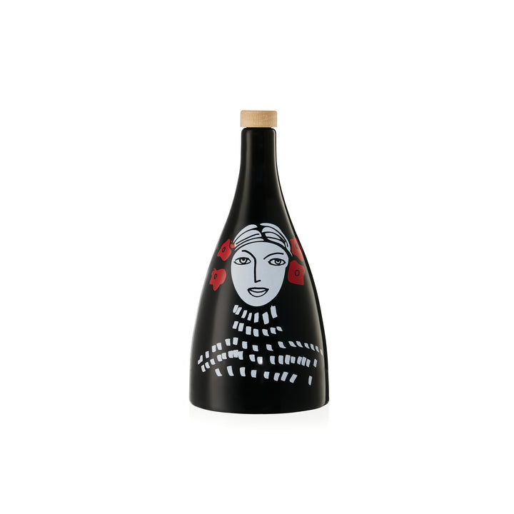 Ceramic olive oil bottles in black with hand painted design