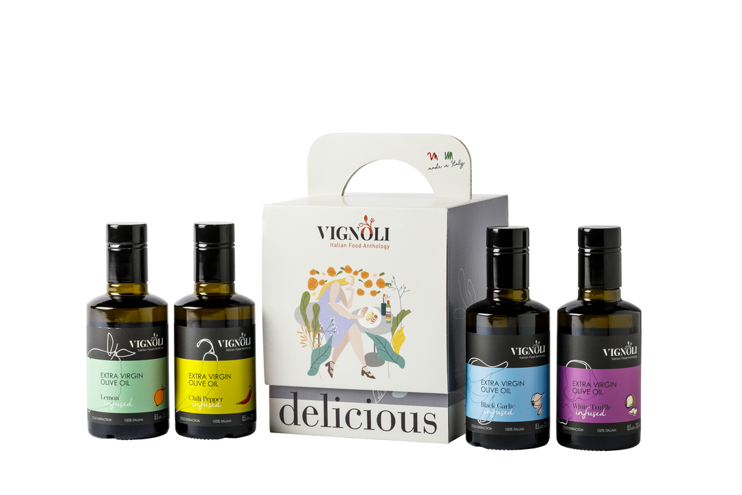 Serving set with 4 infused extra virgin olive oils, lemon, chili pepper, black garlicand white truffle