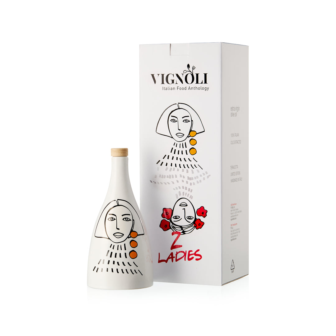 Ceramic olive oil bottles in black and white with hand painted design with gift packaging