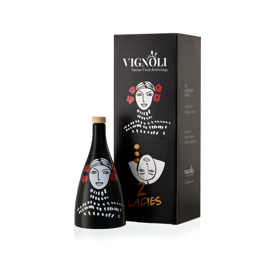 Ceramic olive oil bottles in black and white with hand painted design with gift packaging