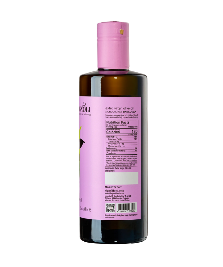 Biancolilla Monocultivar Extra Virgin Olive Oil back of 16.9fl oz bottle
