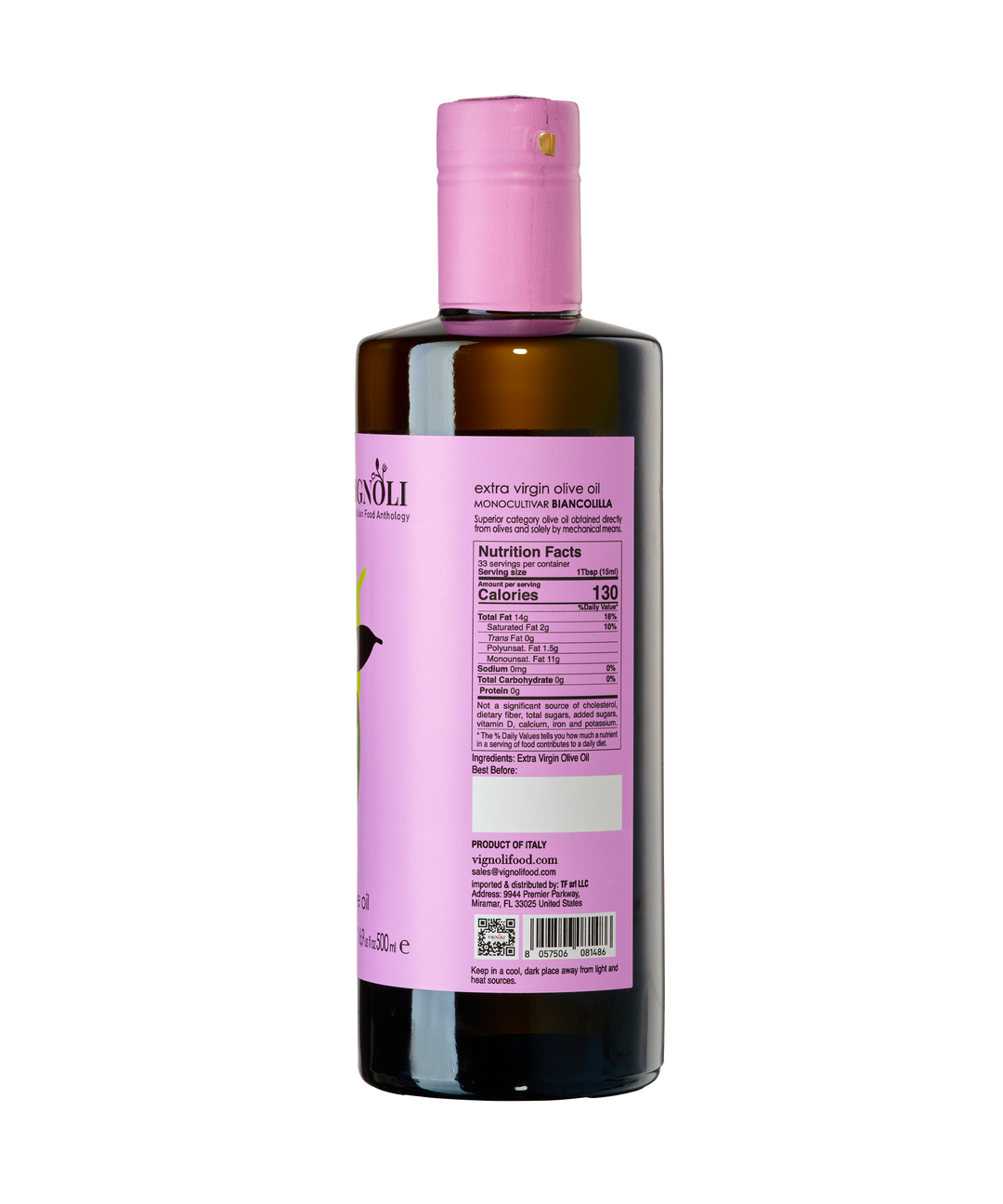 Vignoli Sicilian Lollo Monocultivar EVOO's Duo back of Biancolilla 16.9oz bottle
