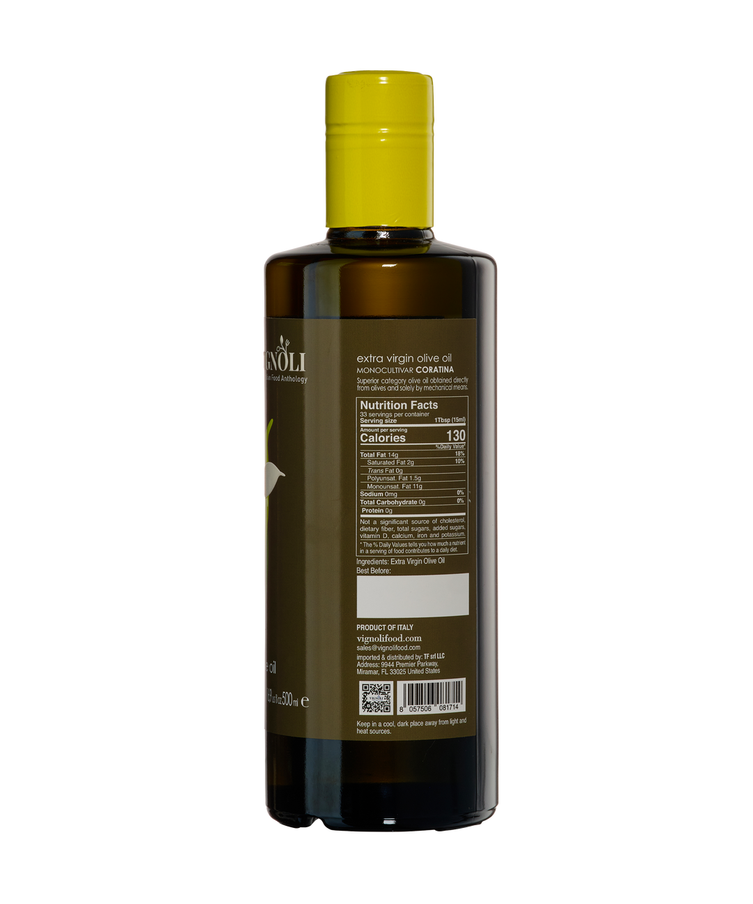 Vignoli Puglia Lollo Monocultivar EVOO's Duo back of Coratina 16.9oz bottle