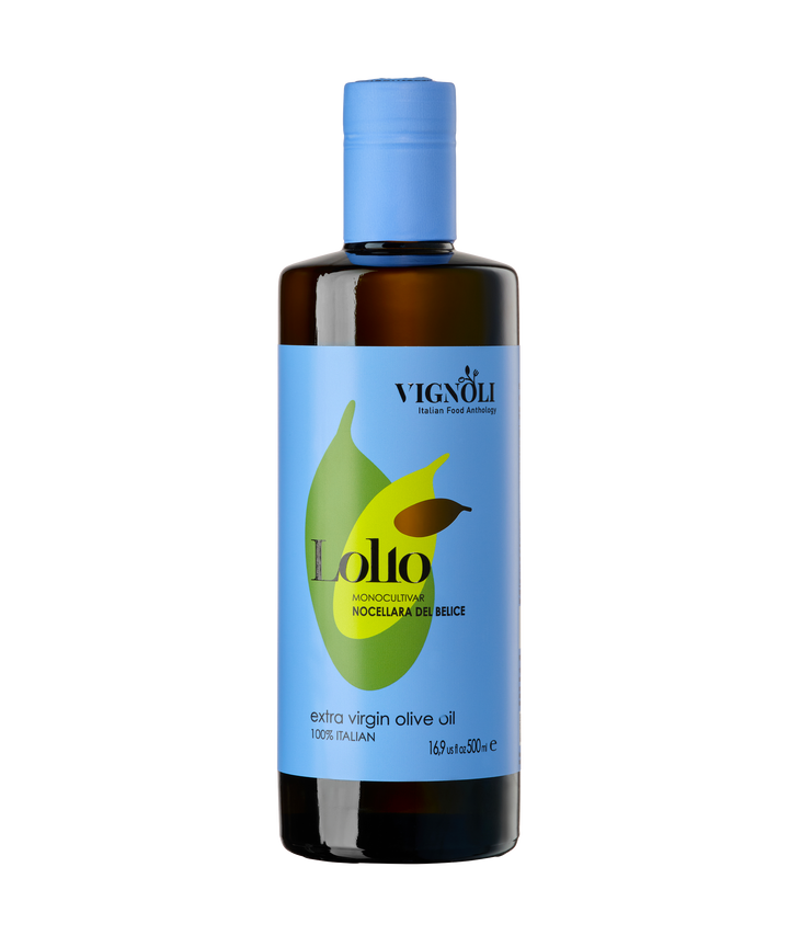 Vignoli Sicilian Lollo Monocultivar EVOO's Duo front of Nocellara Del Belice 16.9oz bottle