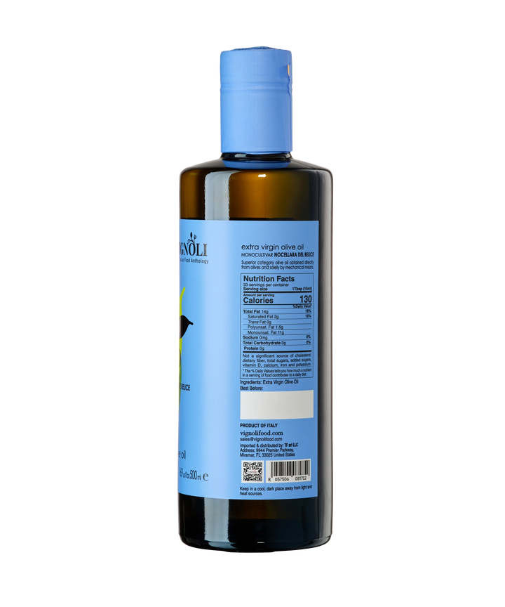 Vignoli Nocellara del Belice Monocultivar Extra Virgin Olive Oil back of 16.9oz bottle with nutrition facts