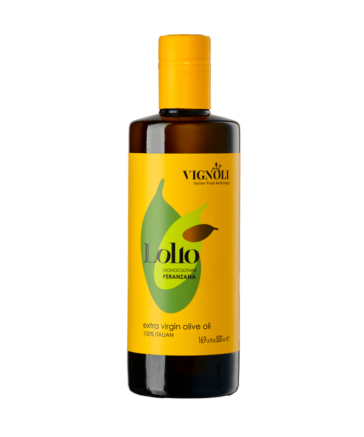 Vignoli Puglia Lollo Monocultivar EVOO's Duo front of Peranzana 16.9oz bottle
