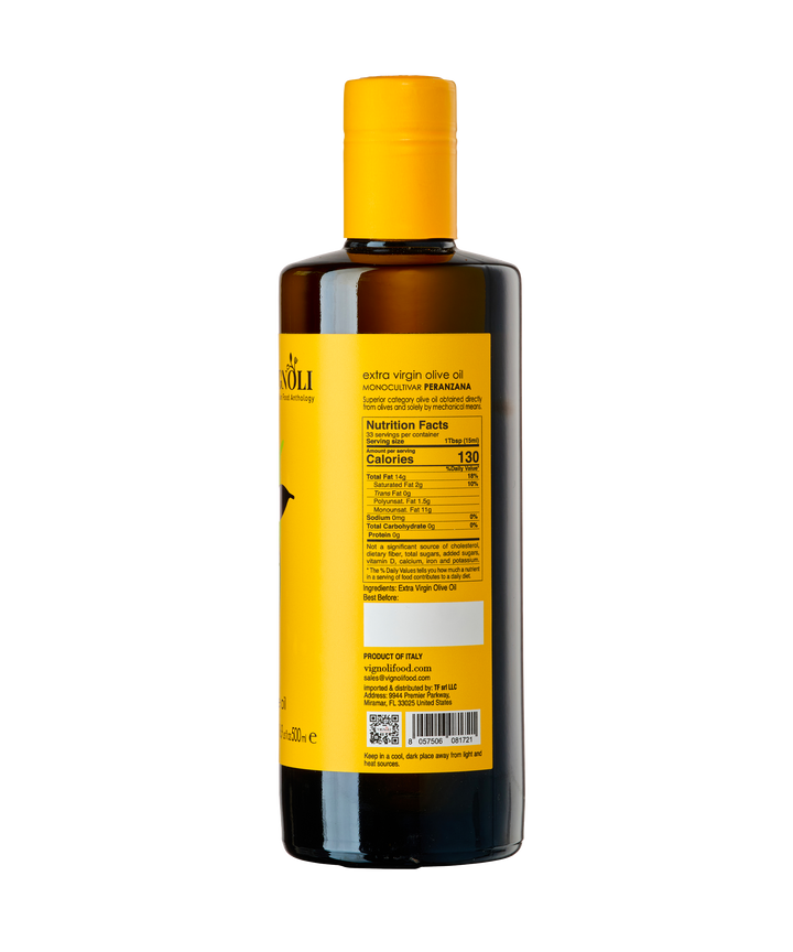 Vignoli Puglia Lollo Monocultivar EVOO's Duo back of Peranzana 16.9oz bottle