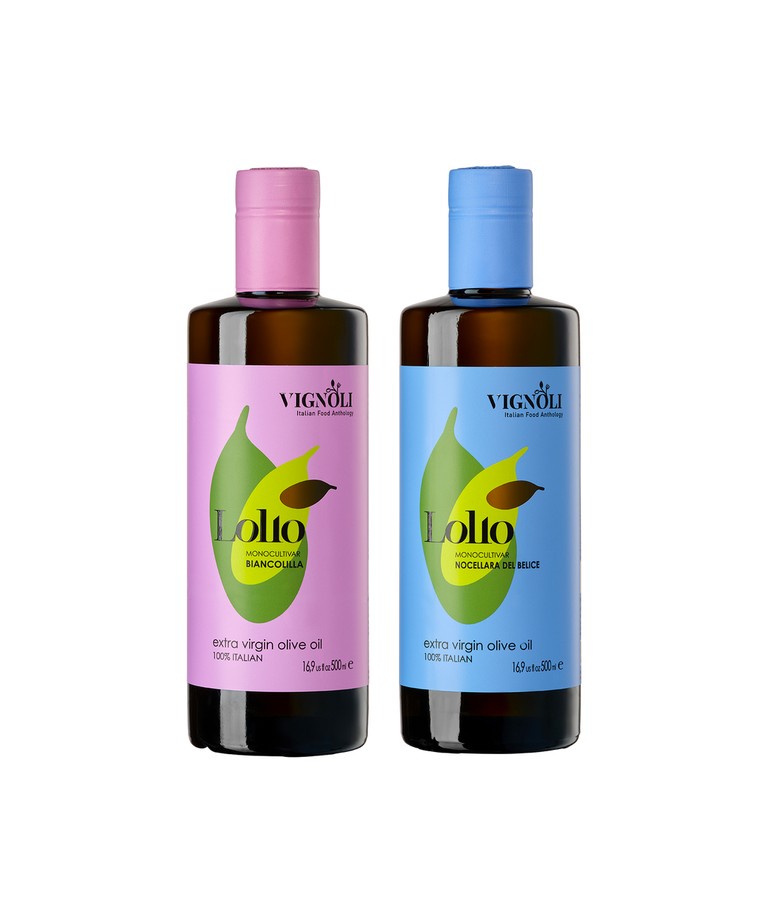 Vignoli Sicilian Lollo Monocultivar EVOO's Duo front of 16.9oz bottles