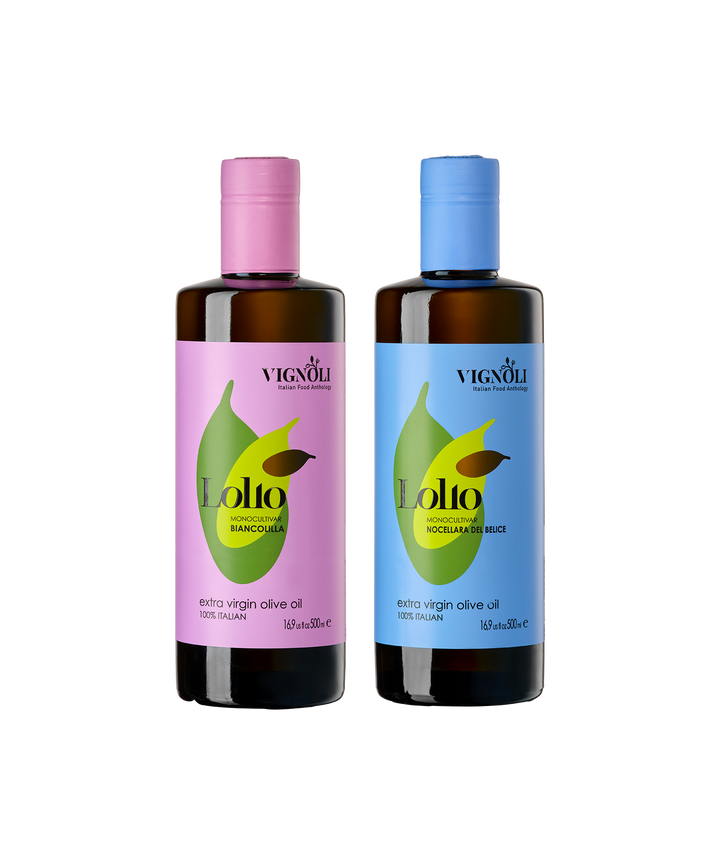 Vignoli Sicilian Lollo Monocultivar EVOO's Duo front of 16.9oz bottles