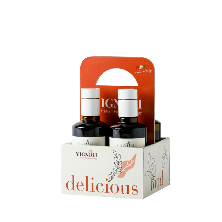 Vignoli SUMMER MEMORIES Serving Set with front view of 2 bottles of infused extra virgin olive oil and 2 bottles of infused balsamic vinegar Modena in packaging