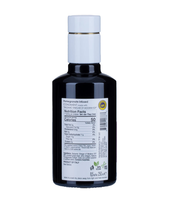 Vignoli Pomegranate Infused Balsamic Vinegar back of 8.5oz bottle