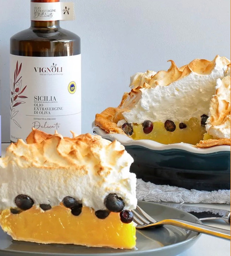 Vignoli Extra Virgin Olive Oil IGP Sicilia - Delicate front of 16.9oz bottle with blueberry lemon meringue pie