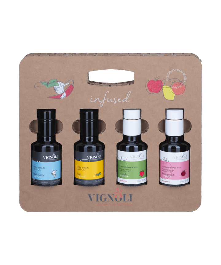 Vignoli Zesty & Tart: Infused Olive Oil & Balsamic Vinegar Gift Set front of set with bottles