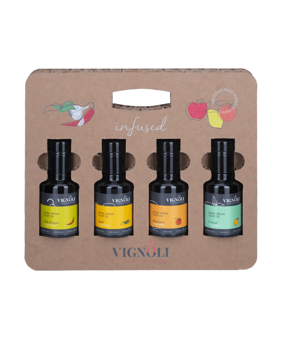 Essential Italy: Infused Extra Virgin Olive Oils Gift Set front view with 4 bottle