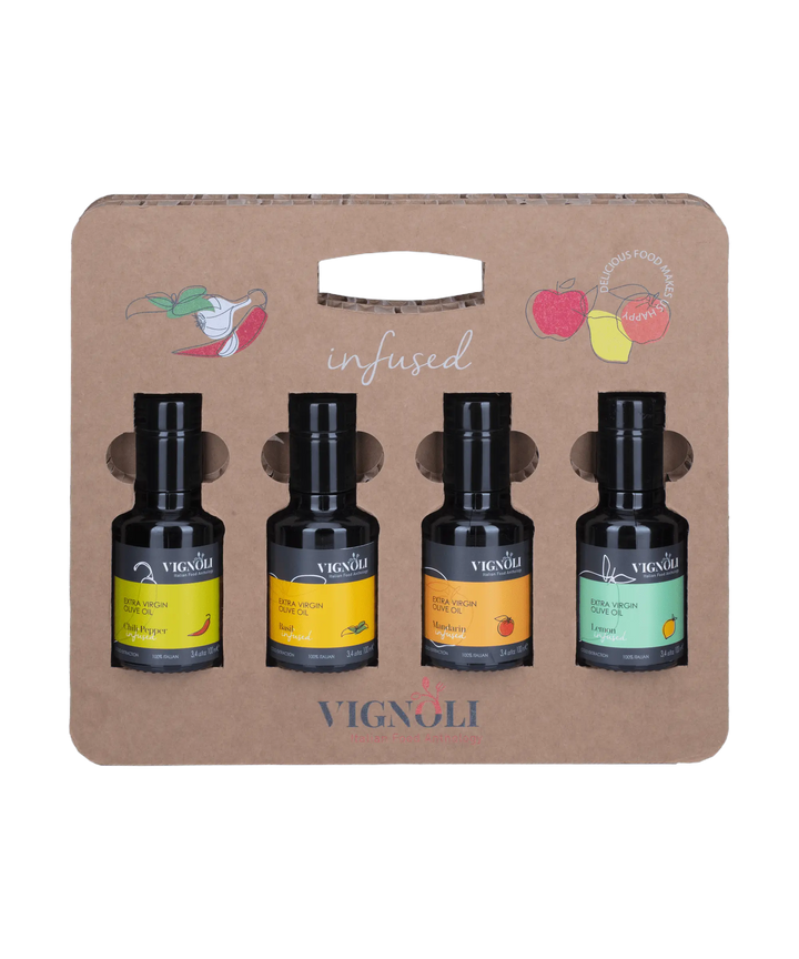 Essential Italy: Infused Extra Virgin Olive Oils Gift Set front view with 4 bottle