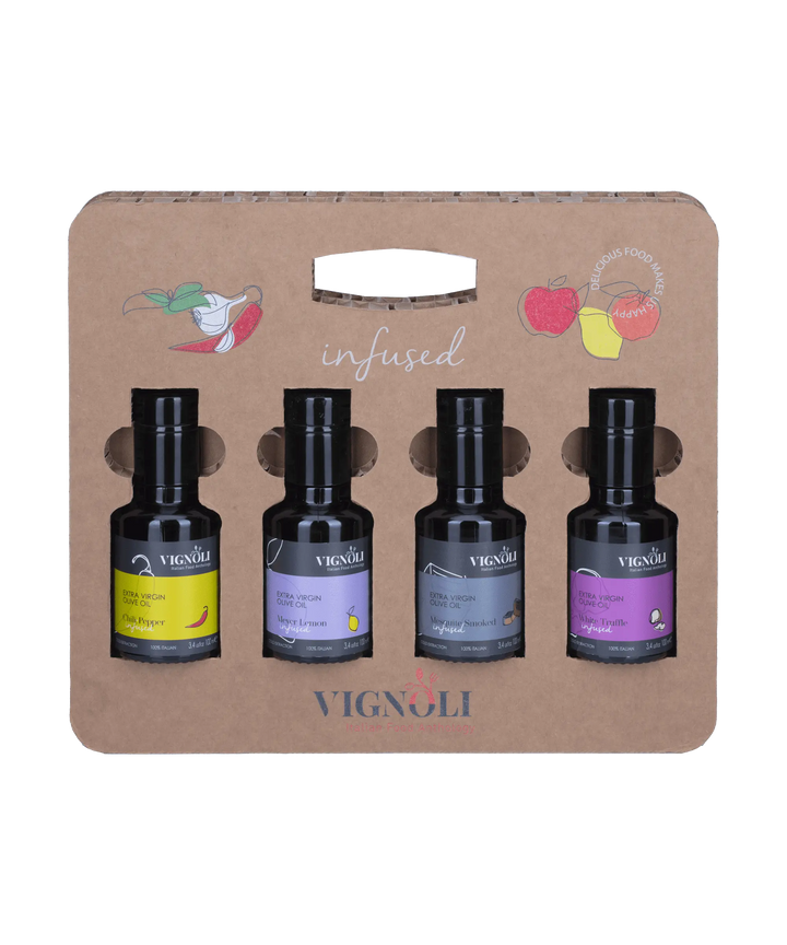 Vignoli Taste of the Mediterranean: Infused Extra Virgin Olive Oil Gift Set front of bottles