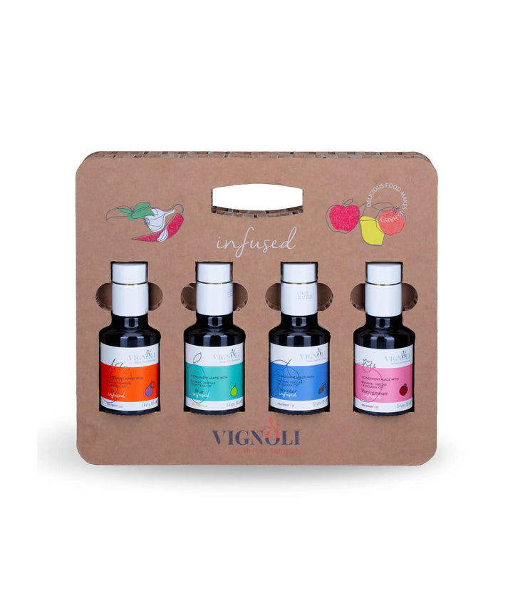 Vignoli Sweet and Tangy: Infused Balsamic Vinegar of Modena gift Set front of bottles view