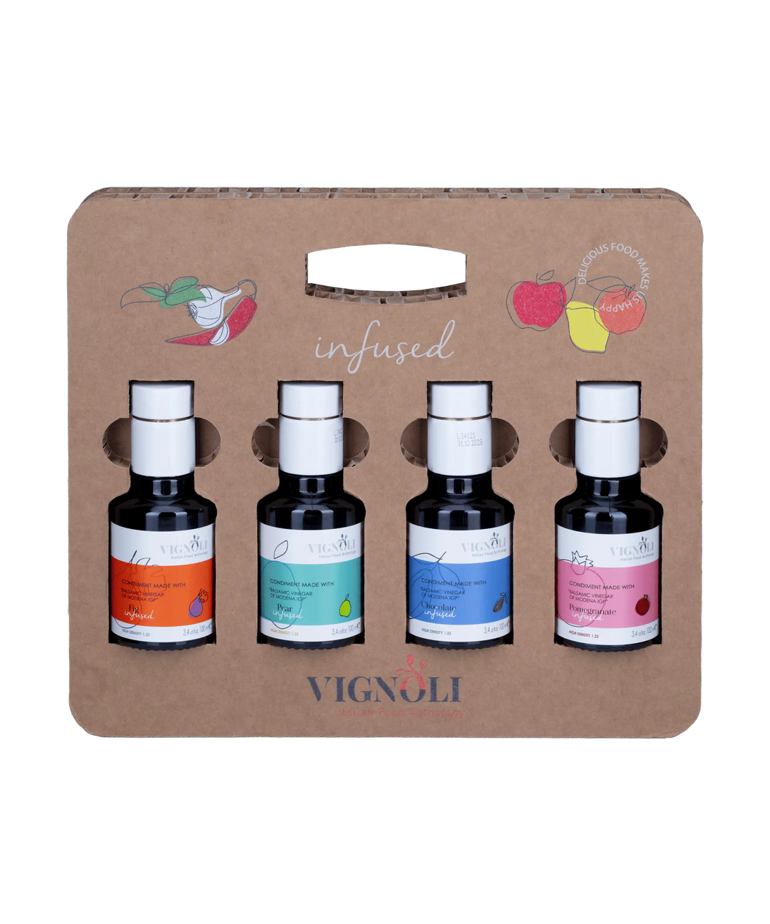 Vignoli Sweet and Tangy: Infused Balsamic Vinegar of Modena gift Set front of bottles view
