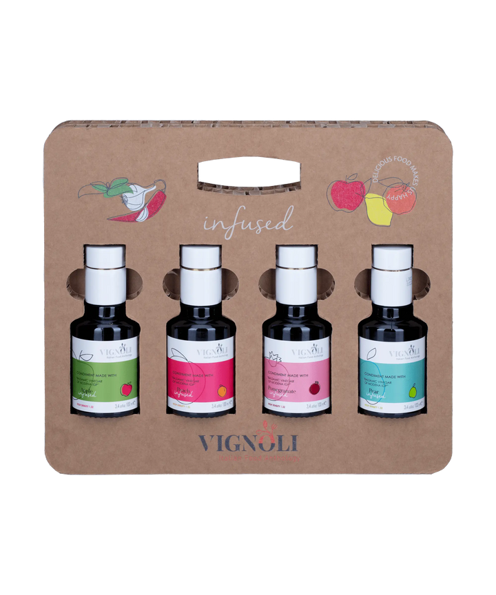 Flavors of Fruit: Vignoli Infused Balsamic Vinegar of Modena Gift Set front view of bottles