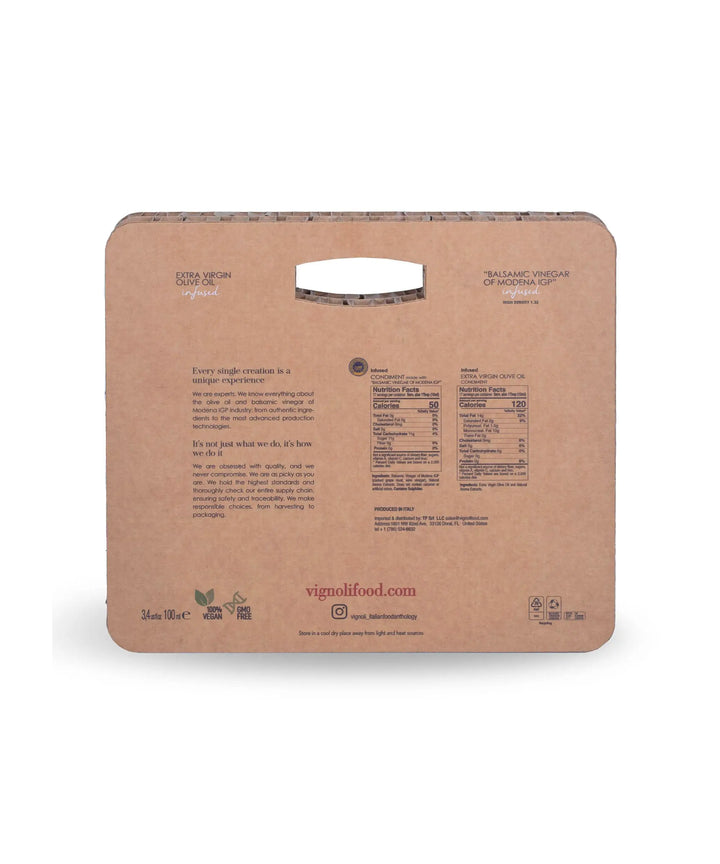 Vignoli Sweet and Tangy: Infused Balsamic Vinegar of Modena gift Set back of set view with nutrition facts