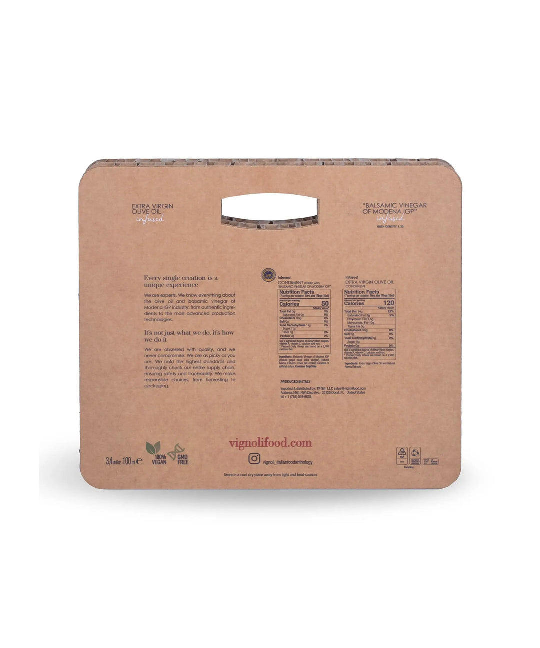 Vignoli Zesty & Fruity: Infused Olive Oil & Balsamic Vinegar Gift Set back of set with nutrition facts