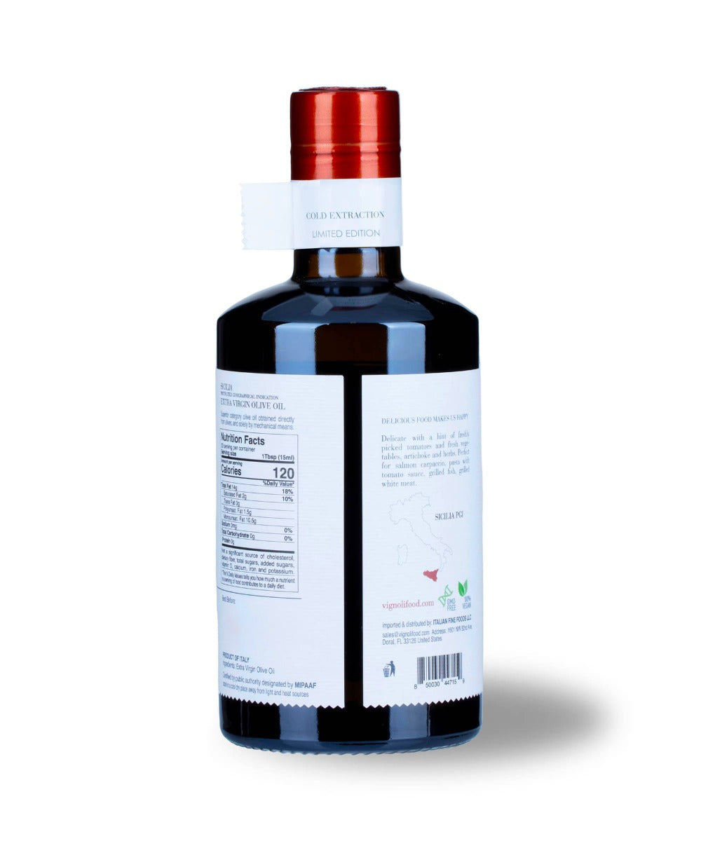 Vignoli Extra Virgin Olive Oil IGP Sicilia - Delicate back of 16.9oz bottle