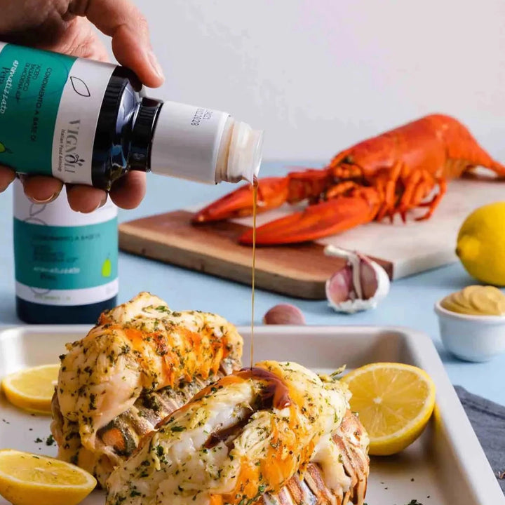 Vignoli Pear Infused Balsamic VinegarPear Infused Balsamic Vinegar front of 8.5oz bottle pouring over baked lobster tail